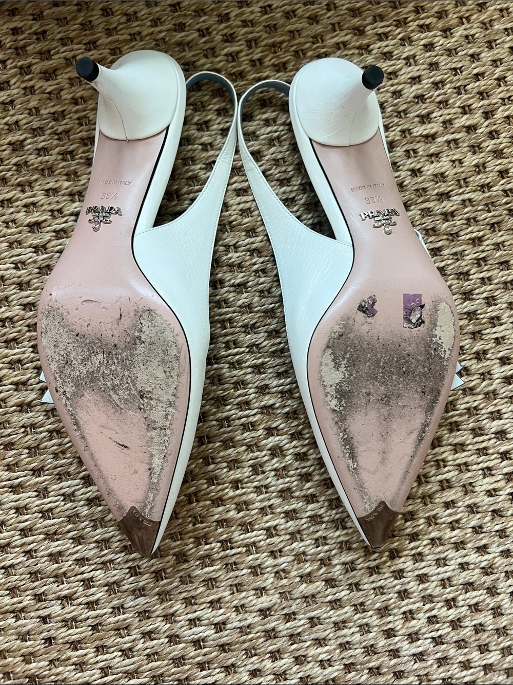 Prada White Leather Pointed Slingback Kitten Heels with Blue Prada Bow! - Picture 6 of 12